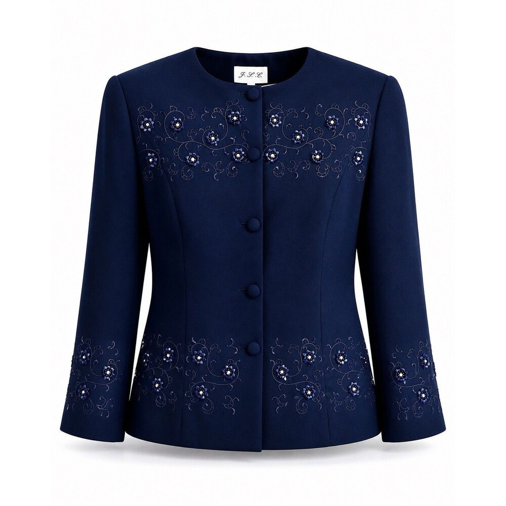 Vintage J.S.C. Navy Blue Embroidered Beaded Jacket Womens Size 14 Career